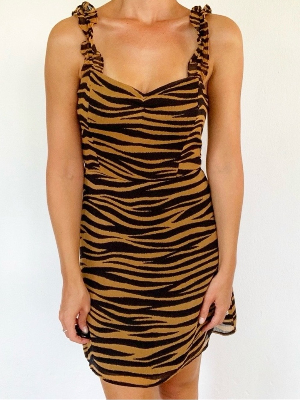 All in Favor Zebra-Stripe Ruched Strap Mini Dress in Brown and Black Size M